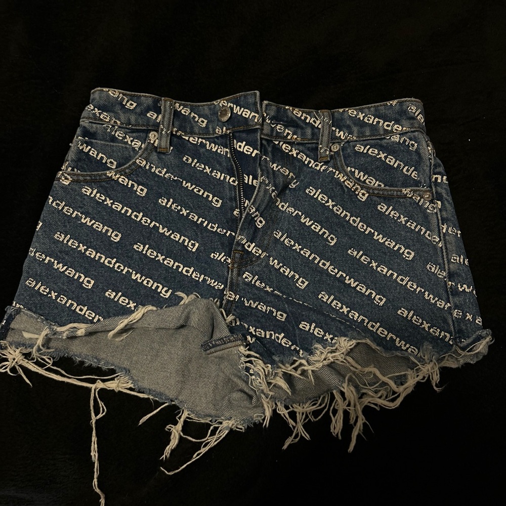 Alexander Wang Navy Logo-Print Distressed Denim Shorts - Picture 3 of 4